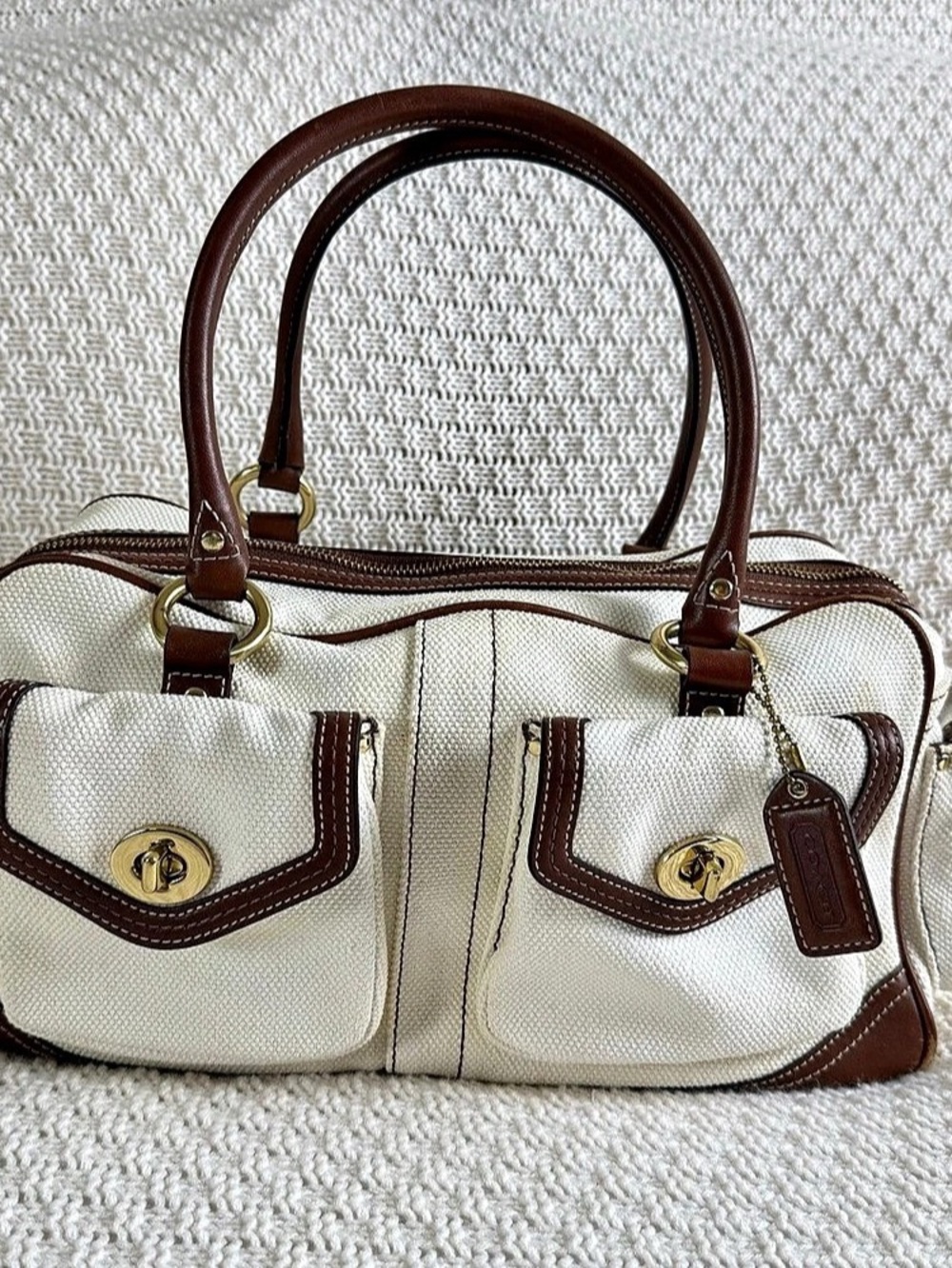 RARE Vintage Coach Canvas Legacy Turnlock Satchel in White & Brown Y2K 395